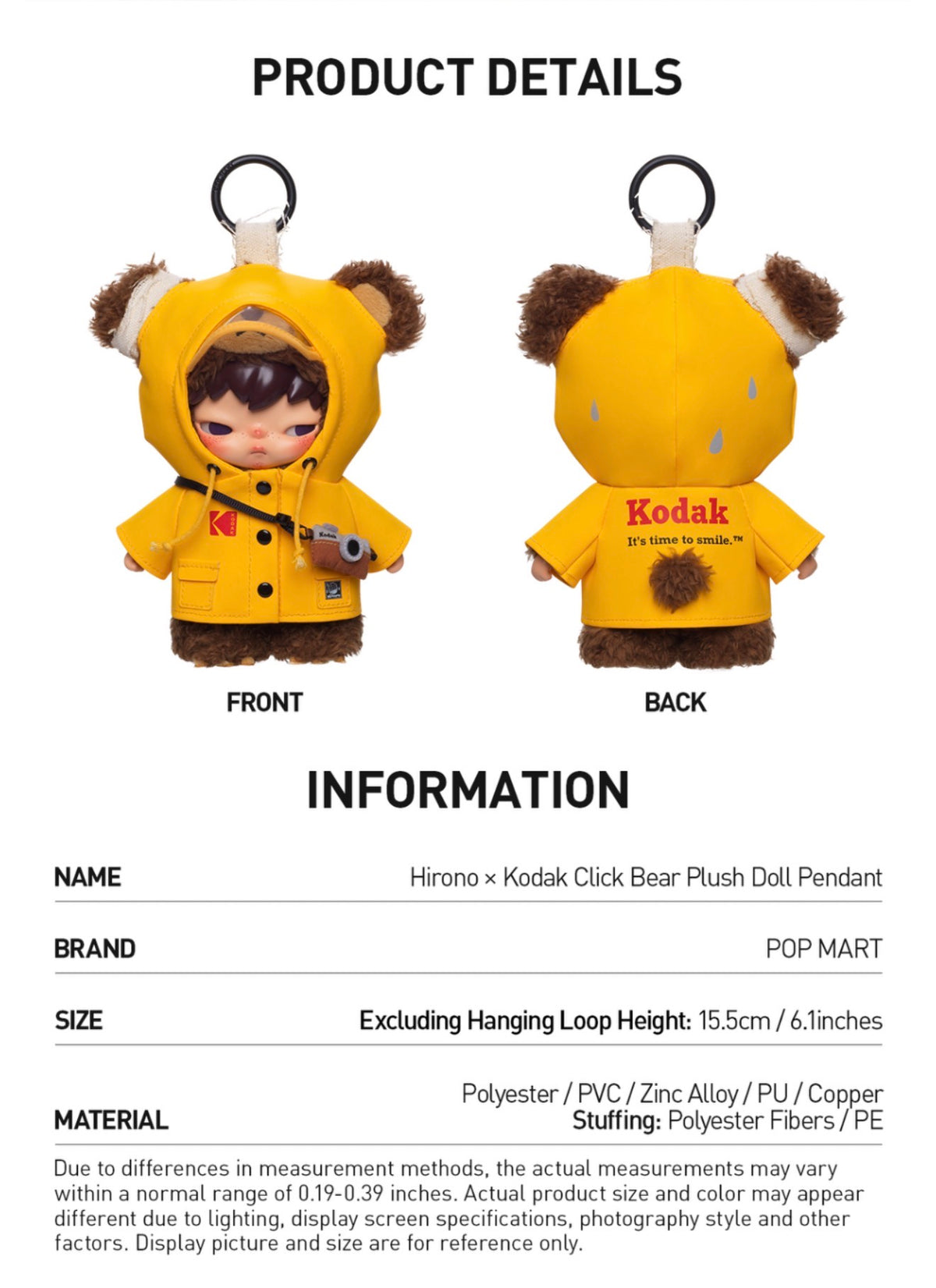 Hirono × Kodak Click Bear Plush Doll Pendant